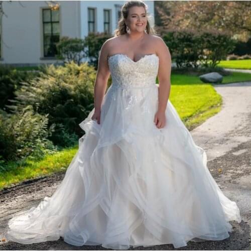 Wedding Dress A-Line Tiered Sweetheart Backless Sleeveless Appliques Sequined Floor Length Sweep Train Bride Gown New