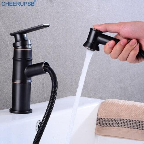Bathroom Mixer Vintage Black Pull Out Tap Hot Cold Faucet Deck Mount Chrome Plate Grifos Stream Foam Nozzle Faucet Luxury Taps