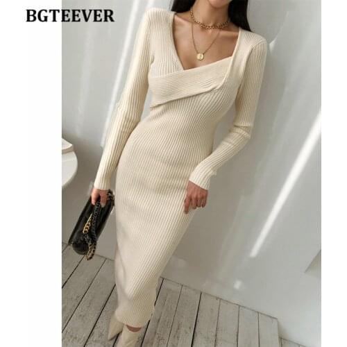 BGTEEVER Chic Stylish V-neck Skinny Women Sweater Dresses Full Sleeve Slim Irregular Female Knitted Dresses 2021 Autumn Winter