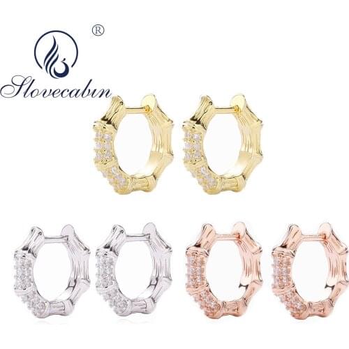 Slovecabin 925 Sterling Silver Zircon Round Bamboo Hoop Huggies Earrings For Women Wedding Hot Sale Crystal Plant Arete Jewelry