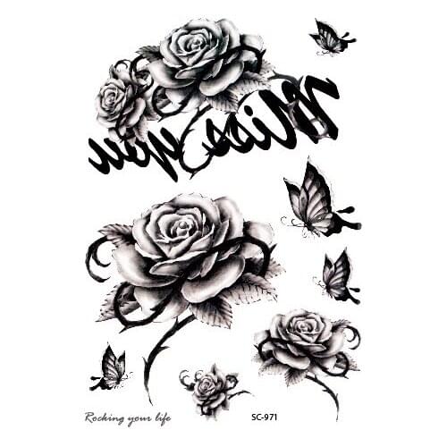 Rocooart Black White Rose Butterfly Temporary Tattoo Sticker Sketch Chest Arm Fake Tattoo Taty For Women Men Flash Tatoo Tatuaje
