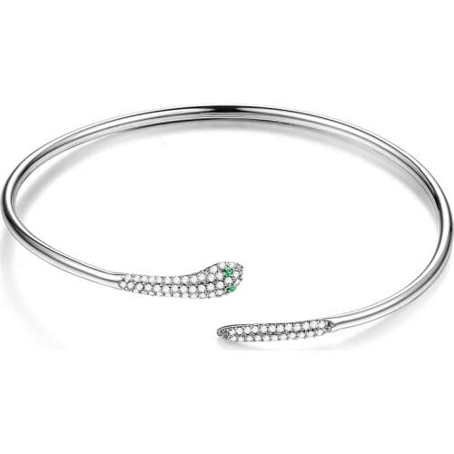 ZEMIOR Brand Bangle For Women 925 Sterling Silver Rattle Snake Shape Green Eye Inlay Zircon Bangle Love Cute Animal Fine Jewelry