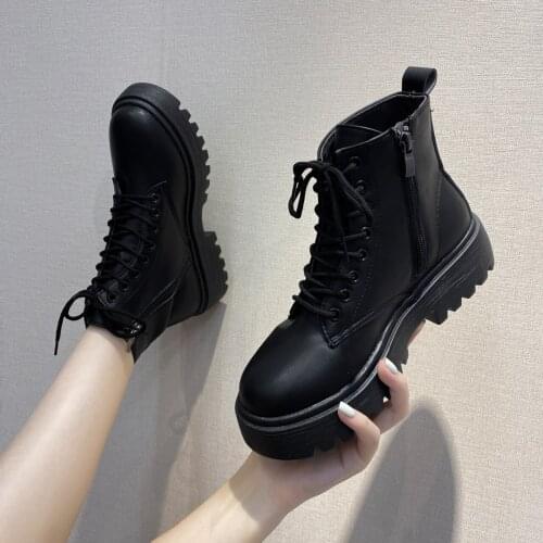 Women Ankle Boots Thick Bottom Lace Up Platforms Increased Ladies Motorcycle Boots 2021 Autumn Winter Soft Leather Chunky Shoes