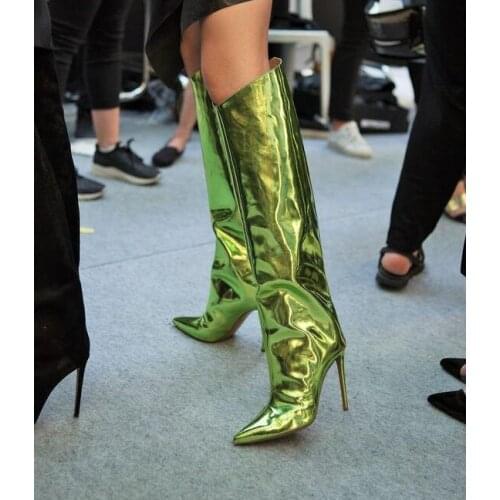 Sexy Green Mirror Leather Thigh High Stiletto Boots Pointed Toe High Heels Women Knee High Boots Fashion Banquet Runway Boots