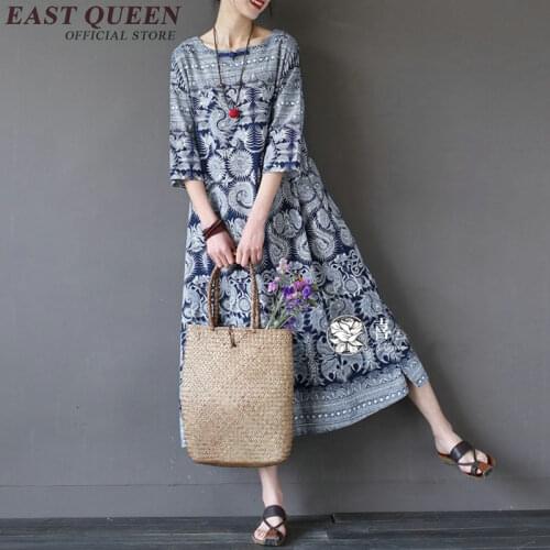 Blue and white women summer 2018 Chinese oriental long t shirt robe vintage floral print robe AA2568