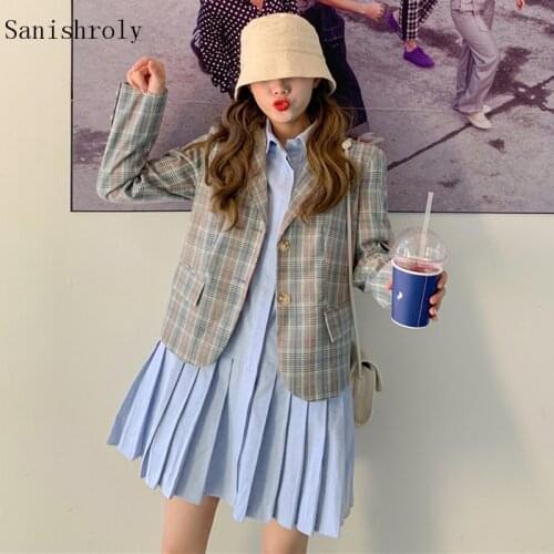 Two Piece Set Office Lady Single Breasted Plaid Suit Coat Women Long Sleeve Mini Pleated Shirt Dress Japanese Style Suits SE1181