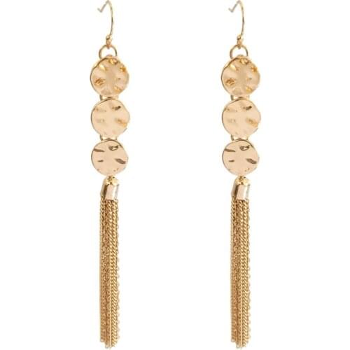 Feminist Gold Color Hammered Disc Linked with Chain Tassel Drop Earrings For Women Luxury Statement Bohemia Vintage Style