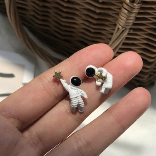 2021 Wandering Earth Japanese Star Picking Astronaut Spaceman White Stereo Asymmetrical Stud Earrings for Women Girls Children