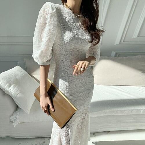 2021 Short Sleeve Summer Vintage A-Line Party Sexy Dress for Women Elegant Holiday Dresses Women Puff Sleeve Solid White Lace