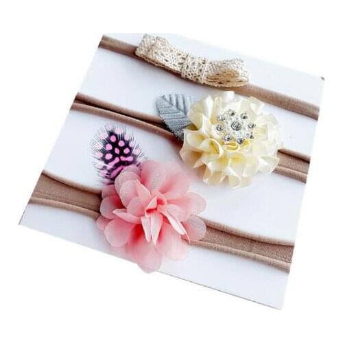 3pcs/set Newborn Headwear Kids Flower Headband Pink Lace Hair Bands Rhinestone Feather Headband Hair Accessories