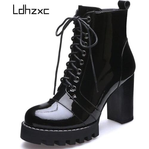 LDHZXC 2020 ankle boots for women platform high heels boots high quality genuine leather boots women lace up autumn winter