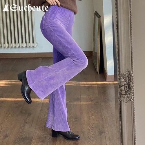 SUCHCUTE Womens Flare Pants High Waist Y2K Vintage Corduroy Trousers Streetwear Fashion 90s Casual Outfits Boot Cut Pants