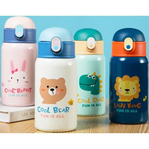 400ml Kids Stainless Steel Straw Thermos Mug With Case Cartoon Leak-Proof Vacuum Flask Children Thermal Water Bottle Thermocup