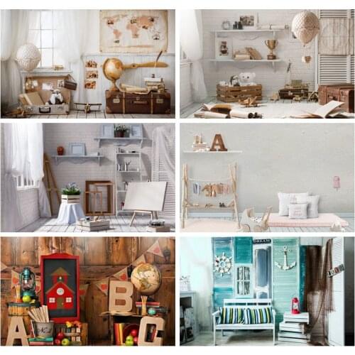 Laeacco Travel the World Airplane Suitcase Globe Map Curtain Photography Backgrounds Baby Birthday Backdrops Photocall Photozone