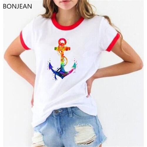 Watercolor Anchor printed tshirt women summer clothing 2019 t shirt femme summer gothic top female t-shirt drop shipping