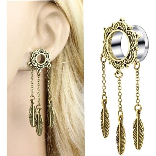 JUNLOWPY 2pcs Steel Helix Dangle Ear Plugs and Tunnels Dream Catcher Piercing Earring Gauges Strecher Body Jewelry Woman Oreja