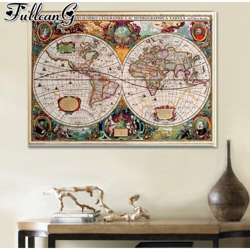 FULLCANG Vintage world map 5d diy full square round drill diamond painting large mosaic embroidery sale home decoration FC2879