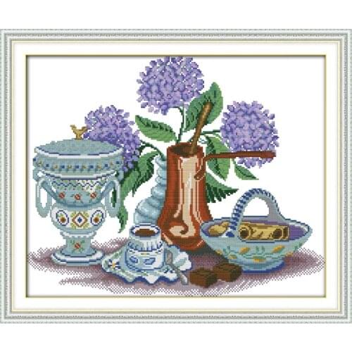 Joy Sunday Hydrangeas Vases and Plates Counted Cross Stitch Kits 11&14CT Embroidery Kits Needlework for Home Decor Handmade Gift