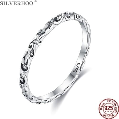 SILVERHOO Engraved Pattern Vintage Ring 925 Sterling Silver Black Tibetan Silver Thin Stackable Finger Rings Unisex Fine Jewelry