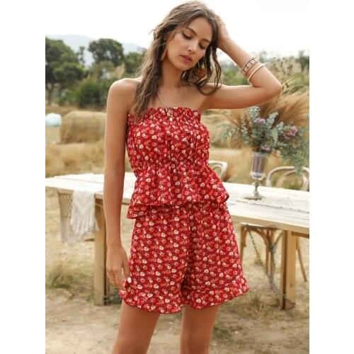 Two Piece Women Boho Clothes Sets Summer Crop Top Beach Holiday Red Floral Shorts Suits