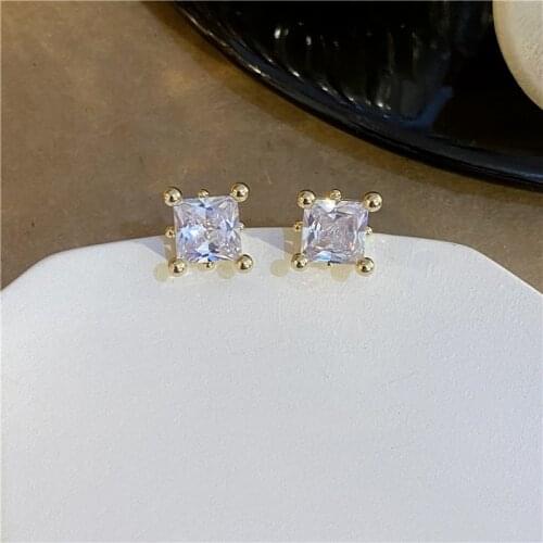 Korea Square Rhinestone Multi-faceted Crystal Stud Earrings Retro Design Girls Sense of Hong Kong Style Female