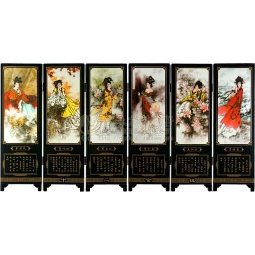 MINI Screen Folding Screens 6 Joined Panels Decorative Painting Wood Byobu Beauty Figure Twelve Ladies of Jinling 46.5x24x0.6cm
