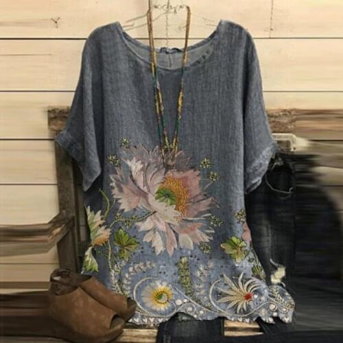 Fashion Summer Tops For Women 2021 Woman Vintage Cotton-blend O-neck Short Sleeve Floral Print Top T-shirts Футболка