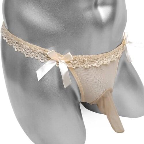 See Through Sissy Panties With Penis Sleeve Mesh Sheer Thin Mens Thong T back Underwear Lace Waist Bowknot Sexy Lingerie Panties