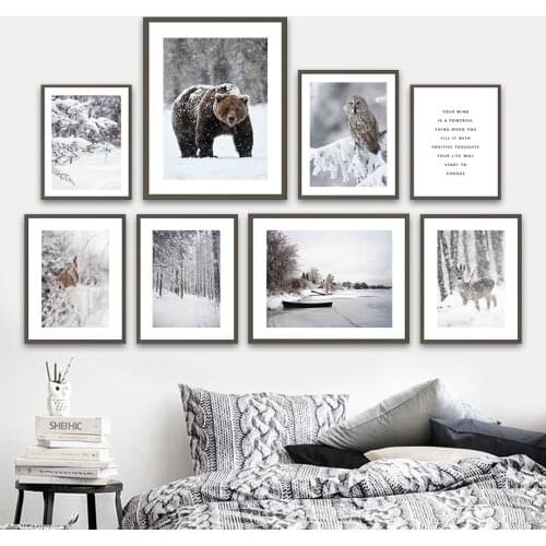 Bear Owl Deer Snow Lake Jungle Animal Wall Art Canvas Painting Nordic Posters And Prints Wall Pictures For Living Room Decor