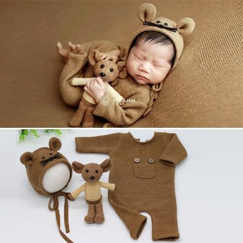 New Newborn Clothing Sets Baby Boys Girls Knitted Jumpsuit + Hat + Doll Mouse 3pcs Suit Infant Cotton Soft Clothes Set