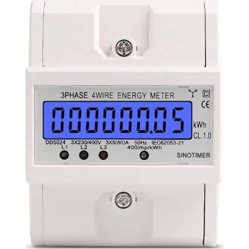 NEW Din Rail 3 Phase 4 Wire Electronic Watt Power Consumption Energy Meter Wattmeter kWh 5-80A 380V AC 50Hz LCD Backlight Di