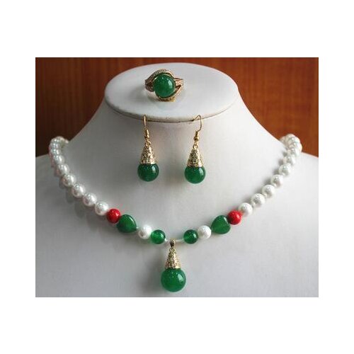 Birthday gift! jewelry set!Wholesale noble Womens white pearl mixed tiger eye jade Necklace earring ring(7/8/9) set