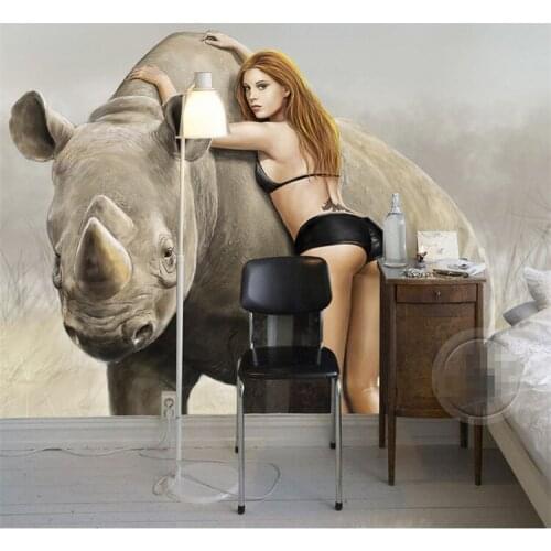 Custom luxury quality HD beauty beast African grassland intimate rhinoceros 3d large wallpaper painting Home Decor