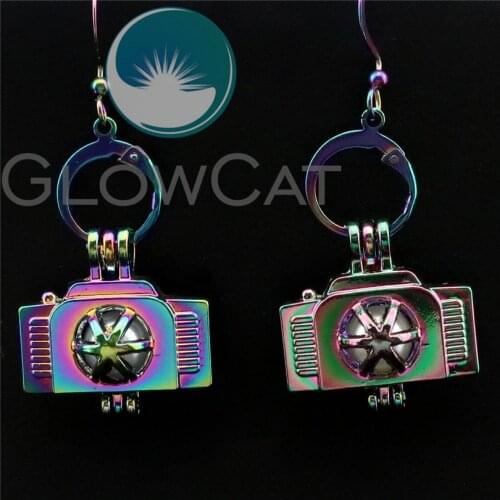R-CE218 Rainbow Camera Earrings Beads Pearl Cage Locket Perfume Aromatherapy Statement Drop Dangle Earring for Girl
