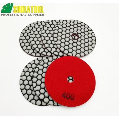 SHDIATOOL 7pcs 4inches #400 dry Diamond polishing pads 100MM Resin bond grinding disc working for Granite Stone Concrete Marble