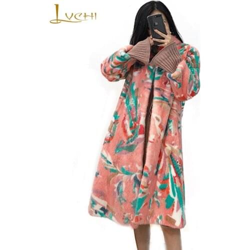 LVCHI Winter 2019 Import Real Mink Fur Coats Print Flower Womens Natural Fur Nine Quarter Print Long Mandarin Causal Mink Coats