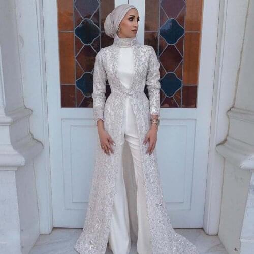 Modest Jumpsuit Muslim Evening Dresses with Coat High Collar Long Sleeve Sequin Jacket Dubai Abaya Kaftan Gown