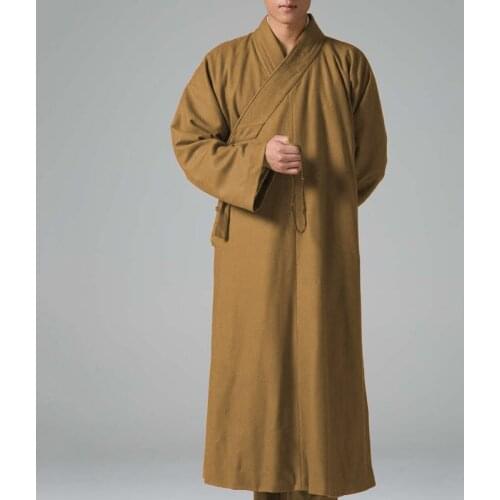 Unisex Wnter&autumn warm wool buddhist lay meditation gown monks clothing zen kung fu robe shaolin Monk suits coat yellow