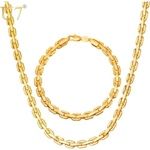 U7 Cable Link Chain Bracelet Necklace Jewelry Set For Men Hip Hop Silver/Gold Color Choker Bracelets Set Wholesale S1016