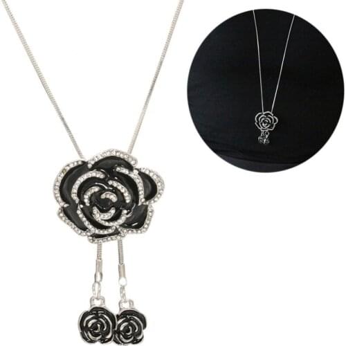 Vintage Women Rhinestone Rose Flower Pendant Long Chain Necklace Jewelry Gift Male Female Pendant Necklace Fashion Jewelry