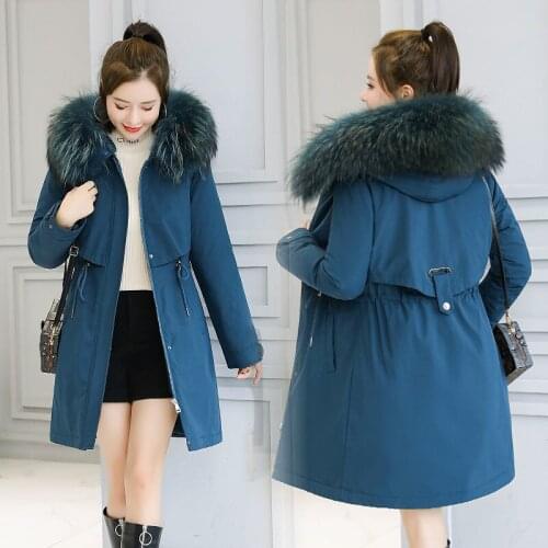 Women Winter Parkas 2021 Long Sleeve Space Cotton Pocket Zipper Jacket Long Hooded Fur Collar Loose Female Outwear Casual