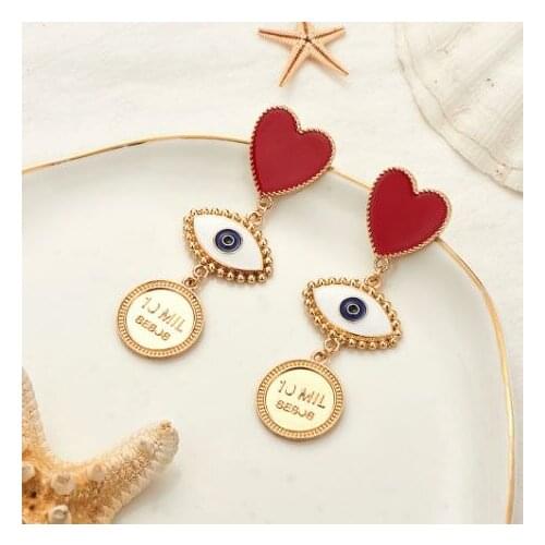 Heart Eye Letter Round Pendant Punk Women Long Dangle Statement Earrings