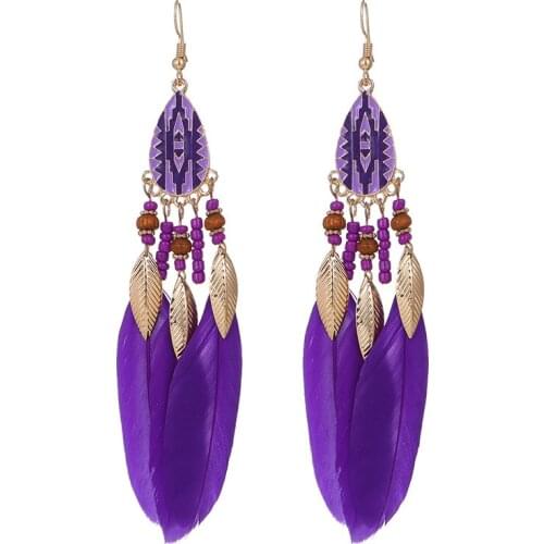 Women Hanging Earrings Pearl Tassel Bohemian Long Feather Dangle Earring Beach Chain Accessories Vintage Womens Jewelry Earring