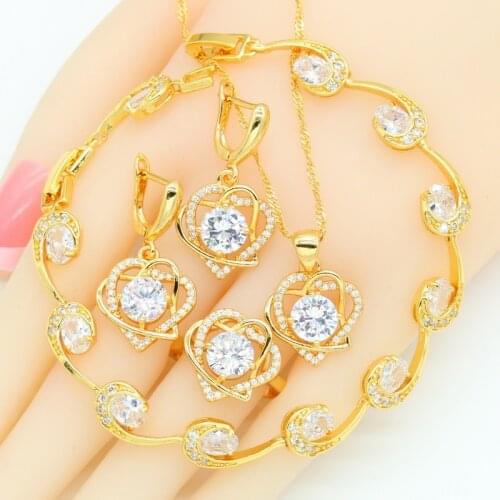 Heart Gold Jewelry Sets for Women White Stone Bracelet Necklace Pendant Earrings Ring Gift Box