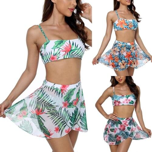 Women Three Piece Split Swimsuit Sets Floral Print Low-cut Bikini+Panties+See-through Mesh Cover Ups Ladies Swimwear