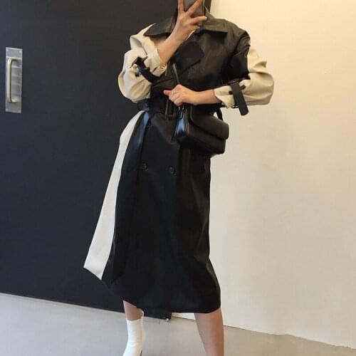 Autumn Vintage Color Contrast Double-breasted Female Leather Trench Coat Plus Sashes Elegant Lapel Mid-length Women Windbreaker
