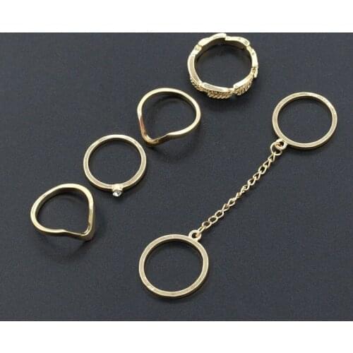 6 pcs/set Leaf V Shape Chain Connecting Crystal Matching Knuckle Rings Golden Silver Plated Midi Rings for Women