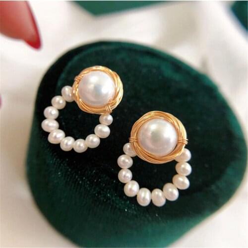 14K Gold Filled Pearl Earrings for Women Silver 925 Pin New Fashion Creative France Coiling Design 7-8mm