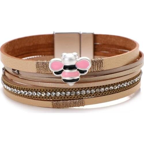 ALLYES Cute Pink Bee Charms Leather Charms Bracelets for Women Multilayer Rhinestone Wrap Bracelet Party Statement Jewelry Gifts