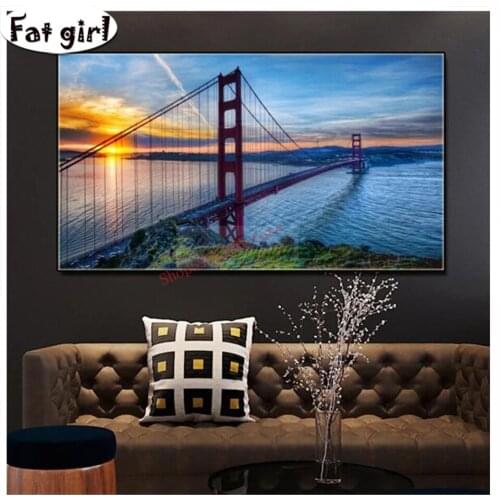 Mosaic diamond painting Sunset view pictures 5d diy embroidery cross stitch River, bridge full square round drill decoration